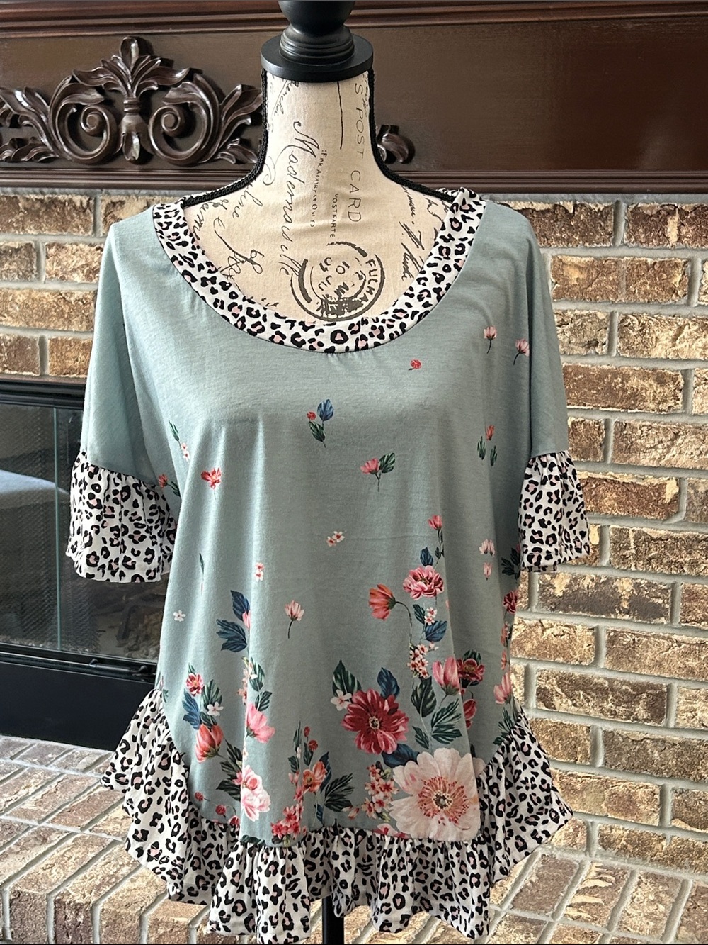 Women's Shabby Chic Sage Green Floral & Leopard Animal Print Ruffle Top